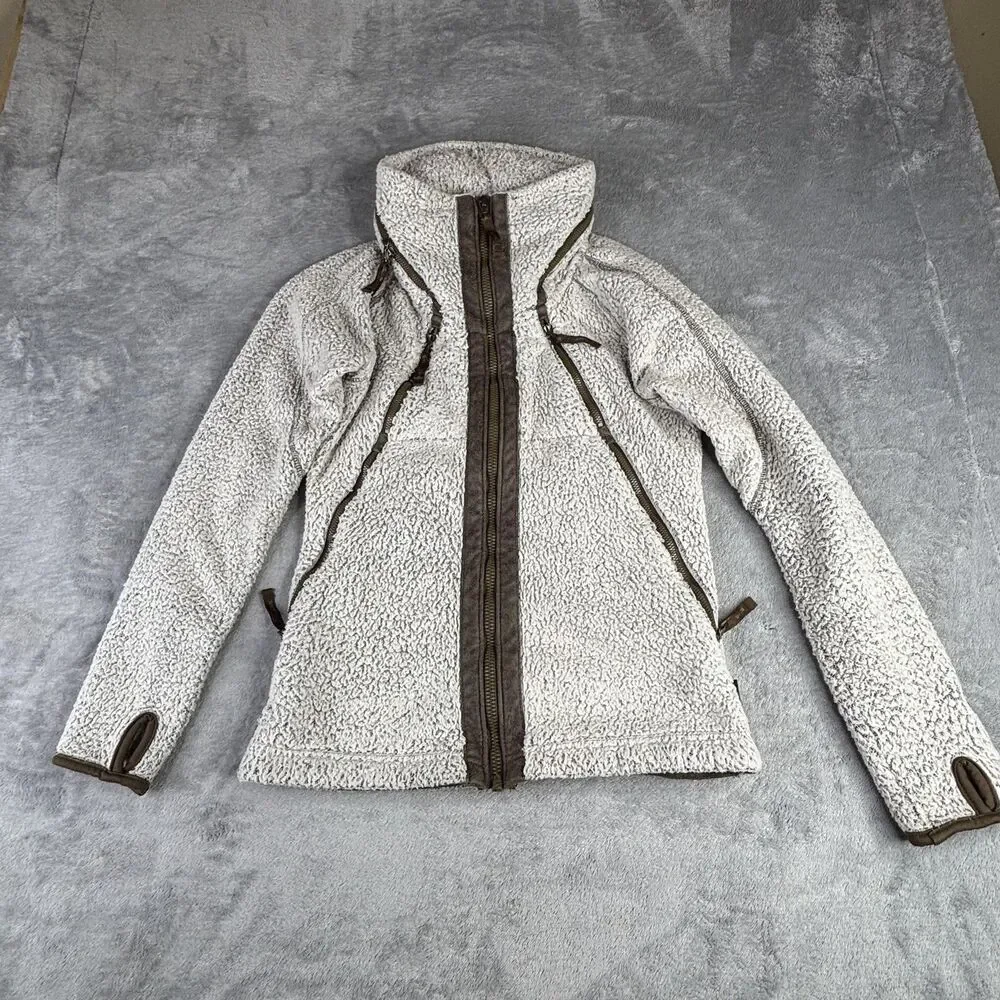 Kuhl Flight Jacket Womens XS Ivory Sherpa‎ Fleece Hooded Full Zip Thumbholes